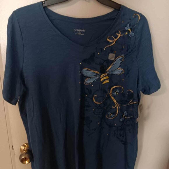 Woman's Blue top with bees trimmed in gold by Catherine New With Tag 14/16 - Picture 1 of 2